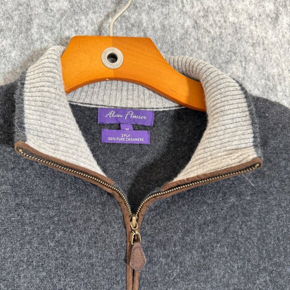 Alan Flusser 100% Cashmere Quarter Zip Sweater Men's Elbow Patches Grey M - Picture 5 of 7